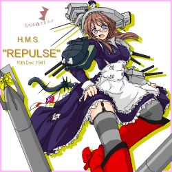Rule 34 | 1boy, 1girl, ^^^, battlecruiser, blue eyes, brown hair, character name, damaged, dated, dodging, dress, flag, garter straps, glasses, gun, hat, hms repulse, jaggy lines, konoekihei, long hair, maid, mecha musume, military, open mouth, original, personification, propeller, royal navy, ship, skirt hold, striped clothes, striped thighhighs, surprised, tail, thighhighs, torn clothes, torn dress, torpedo, turret, watercraft, weapon, white ensign, william george tennant, world war ii