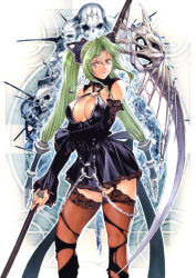 Rule 34 | 1girl, alfa system, arala cran, breasts, chain, cleavage, cleavage cutout, clothing cutout, detached sleeves, dress, garter straps, goth fashion, green hair, hair ornament, homare (fool&#039;s art), jewelry, lace, lace-trimmed legwear, lace trim, large breasts, long hair, nail polish, no bra, ring, scythe, shikigami no shiro, shikigami no shiro ii, short dress, skull, smile, solo, standing, taito, thighhighs, torn clothes, twintails, yellow eyes, zettai ryouiki
