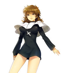 Rule 34 | 1girl, arnoul, bad id, bad pixiv id, breasts, brown eyes, brown hair, capelet, cross, cross necklace, dress, fate/zero, fate (series), genderswap, genderswap (mtf), impossible clothes, impossible dress, jewelry, kotomine kirei, medium breasts, necklace, simple background, solo, wavy hair