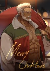 Rule 34 | 1boy, abs, bara, brk 603, chest hair, commentary request, highres, korean commentary, large pectorals, long sleeves, male focus, mature male, muscular, muscular male, navel, old, old man, open clothes, original, pectoral cleavage, pectorals, solo, white hair