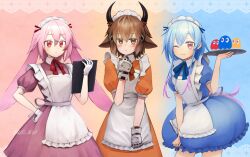 Rule 34 | 3boys, :&lt;, alternate costume, animal ears, ansel (arknights), apron, arknights, artist name, bison (arknights), blinky (pac-man), blue background, blue dress, blue hair, blue ribbon, blush, brown eyes, brown hair, clipboard, closed mouth, clyde (pac-man), commentary request, cow boy, cow ears, cow horns, crossdressing, dress, enmaided, frilled apron, frills, ghost, gloves, gradient hair, hair between eyes, hand on own hip, hand up, highres, holding, holding clipboard, holding tray, horns, inky (pac-man), looking at viewer, maid, maid apron, maid headdress, male focus, mizuki (arknights), moribe denkou, multicolored hair, multiple boys, neck ribbon, one eye closed, orange background, orange dress, orange ribbon, pac-man (game), pink background, pink eyes, pink hair, puffy short sleeves, puffy sleeves, purple dress, purple hair, rabbit boy, rabbit ears, red eyes, red ribbon, ribbon, short hair, short hair with long locks, short sleeves, sidelocks, signature, simple background, smile, trap, tray, twitter username, two-tone hair, white apron, white gloves