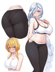 Rule 34 | 2girls, alternate costume, arm behind back, ass, ass focus, blue eyes, breasts, cleavage, cowboy shot, curvy, female focus, genshin impact, hair over one eye, hand on own chest, highres, huge ass, kuavera, large breasts, long hair, looking at viewer, lumine (genshin impact), medium hair, multiple girls, multiple views, nail polish, navel, pants, pantylines, shenhe (genshin impact), silver hair, sports bra, tank top, thighs, white tank top, yoga pants