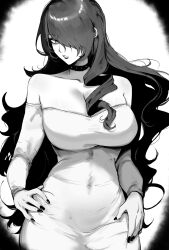 Rule 34 | 1girl, absurdres, bare shoulders, breasts, choker, cleavage, commentary, dress, hair over one eye, highres, kirijou mitsuru, large breasts, long hair, long sleeves, masoq, monochrome, nail polish, off-shoulder dress, off shoulder, parted lips, persona, persona 3, solo, upper body, very long hair