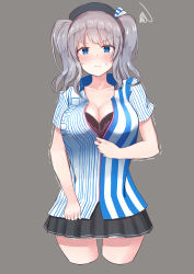 Rule 34 | 10s, 1girl, 3:, absurdres, alternate costume, beret, black skirt, blouse, blue eyes, blue shirt, blush, bra, breasts, cleavage, closed mouth, collarbone, cropped legs, grey background, grey hair, hat, highres, kanase (mcbrwn18), kantai collection, kashima (kancolle), lace, lace-trimmed bra, lace trim, large breasts, lawson, miniskirt, partially unbuttoned, pleated skirt, shirt, simple background, skirt, solo, squiggle, striped clothes, striped shirt, sweatdrop, trembling, twintails, unbuttoned, unbuttoned shirt, underwear, vertical-striped clothes, vertical-striped shirt, wavy hair