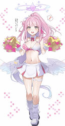 Rule 34 | 1girl, absurdres, alternate costume, angel wings, blue archive, blush, boots, breasts, cheering, cheerleader, detached collar, feathered wings, full body, hair bun, halo, halterneck, highres, holding, holding pom poms, large breasts, long hair, looking at viewer, mika (blue archive), navel, open mouth, pink hair, pom pom (cheerleading), pom poms, ra mun5239, single side bun, skirt, smile, solo, stomach, white footwear, white skirt, white wings, wings, yellow eyes