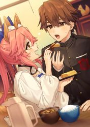 Rule 34 | 1boy, 1girl, animal ear fluff, animal ears, apron, black shirt, blue bow, blue ribbon, blurry, blurry foreground, bow, bowl, brown eyes, brown hair, chopsticks, couple, egg (food), fate/extra, fate/extra ccc, fate (series), feeding, fingernails, food, fox, fox ears, fox girl, fox tail, fried egg, good end, hair between eyes, hair bow, hair ribbon, hand on table, happy, heart, hetero, holding, holding chopsticks, holding plate, housewife, husband and wife, indoors, kappougi, karokuchitose, kishinami hakuno (male), light blush, long sleeves, looking at another, miso soup, official alternate costume, omelet, open mouth, pink hair, plate, ribbon, rice bowl, room, school uniform, shirt, sidelocks, split ponytail, sweatdrop, table, tail, tamagoyaki, tamamo (fate), tamamo no mae (fate/extra), teeth, thermos, tsukumihara academy uniform (fate/extra ccc), yellow eyes