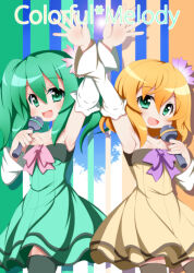 Rule 34 | 2girls, aqua eyes, aqua hair, bare shoulders, blonde hair, blue eyes, blush, bow, cheerful candy (module), collarbone, colorful drop (module), colorful x melody (vocaloid), commentary request, detached sleeves, dress, flat chest, flower, frilled dress, frills, hair flower, hair ornament, hand up, hatsune miku, heart, kagamine rin, long hair, microphone, multiple girls, music, oborotsuki kakeru, open mouth, outstretched hand, partial commentary, plaid, plaid background, project diva (series), project diva 2nd, ribbon, short hair, singing, smile, strapless, strapless dress, striped clothes, striped dress, thighhighs, vocaloid, zettai ryouiki
