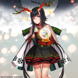 Rule 34 | 1girl, antlers, artist name, black dress, black hair, blue eyes, bow, character request, christmas, christmas ornaments, copyright name, costume, deer, dress, full moon, gloves, holding, horns, jit, kaizin rumble, long hair, mittens, moon, official art, open mouth, red mittens, santa costume, short dress, snow globe, snowflakes, solo, standing, star (symbol), text focus, zit 0