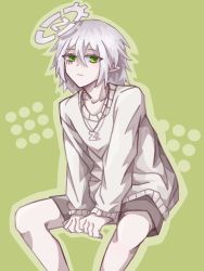 Rule 34 | 1boy, aotu world, bailing she, closed mouth, expressionless, facial mark, green background, green eyes, halo, highres, long sleeves, looking at viewer, male focus, pointy ears, short hair, shorts, sitting, sketch, solo, sweater, white hair, zain (aotu world)