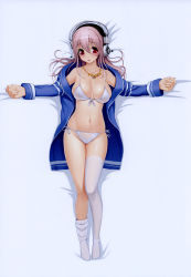 Rule 34 | 1girl, absurdres, bed sheet, bikini, blush, breasts, collarbone, front-tie top, headphones, highres, jacket, jewelry, large breasts, long hair, lying, navel, necklace, nitroplus, on back, open clothes, open jacket, open mouth, outstretched arms, panties, pink hair, red eyes, scan, shiny skin, side-tie bikini bottom, side-tie panties, solo, spread arms, super sonico, swimsuit, thighhighs, tsuji santa, underwear, white bikini, white thighhighs