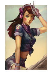 Rule 34 | 1girl, andrew tran, animal print, artist name, bow, breasts, brown hair, buttons, commentary, crop top, d.va (overwatch), denim, denim dress, denim shorts, facial mark, gloves, hair bow, hand to head, highres, long hair, looking at viewer, medium breasts, midriff, navel, one eye closed, overwatch, overwatch 1, parted lips, polka dot, polka dot bow, rabbit, rabbit print, shorts, sleeves rolled up, solo, v, watermark, web address, whisker markings, white gloves
