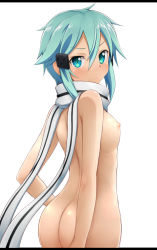 Rule 34 | 10s, 1girl, ass, blue eyes, blue hair, blush, breasts, cowboy shot, highres, letterboxed, looking at viewer, looking back, matching hair/eyes, naked scarf, negija, nipples, nude, scarf, short hair, sinon, small breasts, solo, sword art online, white background