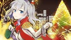 Rule 34 | 1girl, beret, blue eyes, blurry, building, christmas tree, commentary request, depth of field, epaulettes, gloves, hat, highres, kantai collection, kashima (kancolle), long hair, looking at viewer, night, night sky, scarf, silver hair, sky, skyscraper, smile, solo, star (sky), starry sky, twintails, white gloves, yuna (yukiyuna)