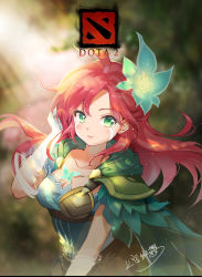 Rule 34 | 1girl, breasts, cape, cleavage, closed mouth, dota (series), dota 2, facepaint, flower, green eyes, green flower, green shirt, hair flower, hair ornament, highres, jokanhiyou, lips, long hair, looking at viewer, orange hair, shirt, signature, smile, solo, sunlight, windranger (dota)