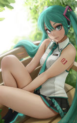 Rule 34 | 1girl, aqua eyes, aqua hair, aqua necktie, artist name, backlighting, bare arms, bare legs, bare shoulders, bench, between breasts, black footwear, black skirt, blurry, blurry background, breasts, collared shirt, day, eyelashes, glowing, hatsune miku, headgear, headset, highres, hugging own legs, knee up, lips, long hair, looking at viewer, makeup, medium breasts, microskirt, miniskirt, necktie, necktie between breasts, nose, novcel, number tattoo, outdoors, park bench, parted lips, pink lips, pleated skirt, seductive smile, shirt, shoes, sitting, skirt, sleeveless, sleeveless shirt, smile, solo, sunlight, tattoo, thighs, twintails, very long hair, vocaloid, white shirt, wing collar