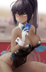 Rule 34 | 1girl, absurdres, bare arms, bare shoulders, black hair, black leotard, blue archive, blue bow, blue bowtie, blurry, blurry background, blush, bow, bowtie, breasts, card, cleavage, covered navel, curvy, dark-skinned female, dark skin, depth of field, detached collar, fishnet pantyhose, fishnets, gloves, highleg, highleg leotard, highres, holding, holding card, karin (blue archive), karin (bunny) (blue archive), large breasts, leotard, long hair, looking at viewer, official alternate costume, on table, pantyhose, parted lips, playboy bunny, playing card, ponytail, rabbit ears, sitting, solo, strapless, strapless leotard, table, thighs, thong leotard, traditional bowtie, very long hair, white gloves, wide hips, wrist cuffs, yellow eyes, yoonsemo