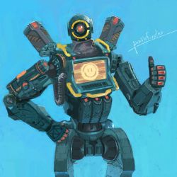 Rule 34 | apex legends, blue background, character name, hand on own hip, humanoid robot, leaning to the side, looking at viewer, no humans, non-humanoid robot, one-eyed, pathfinder (apex legends), red eyes, robot, science fiction, smiley face, solo, tamtam, thumbs up