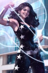 armlet belt black_bodysuit black_hair blue_eyes blurry blurry_background bodysuit bracer city day dc_comics depth_of_field donna_troy earrings grin highres holding_lasso jewelry lasso long_hair looking_at_viewer outdoors print_bodysuit silver_belt sleeveless sleeveless_bodysuit smile solo stanley_lau star_(symbol) star_earrings star_print wonder_girl wonder_woman_(series)