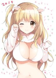 Rule 34 | 1girl, ;), akina tsukako, bikini, blonde hair, blush, breasts, cleavage, detached sleeves, hair ornament, horns, large breasts, long hair, looking at viewer, navel, one eye closed, one side up, sheep horns, sleeves past wrists, smile, solo, swimsuit, white bikini, yellow eyes