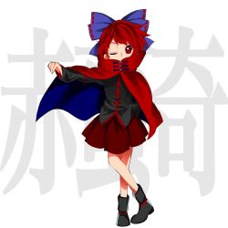 Rule 34 | 1girl, black footwear, black shirt, blue bow, boots, bow, cloak, commentary request, covered mouth, dullahan, full body, hair bow, harukawa moe (style), highres, keiki8296, long sleeves, miniskirt, one eye closed, pleated skirt, red cloak, red eyes, red hair, red skirt, sekibanki, shirt, short hair, skirt, solo, standing, touhou