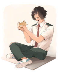 Rule 34 | 1boy, animal, boku no hero academia, brown cat, cat, closed eyes, collared shirt, eraser head (boku no hero academia), facing ahead, green pants, grin, happy, highres, holding, holding animal, holding cat, indian style, male focus, necktie, pants, red necktie, rnuyvm, school uniform, shirt, shoes, short hair, sitting, smile, sneakers, solo, u.a. school uniform, white shirt