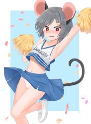 Rule 34 | 1girl, alternate costume, animal ears, arm up, armpits, blue background, blue skirt, blush, bright pupils, cheerleader, clothes writing, confetti, dakuazu, grey hair, highres, holding, holding pom poms, looking at viewer, midriff, mouse ears, mouse tail, navel, nazrin, outside border, panties, pantyshot, pom pom (cheerleading), pom poms, red eyes, shirt, short hair, simple background, skirt, solo, tail, touhou, underwear, white footwear, white panties, white pupils, white shirt