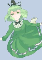 Rule 34 | 1girl, black ribbon, closed mouth, commentary request, dress, flying, frilled sleeves, frills, full body, ghost tail, green dress, green eyes, green hair, grey background, hat, highres, jitome, kanpa (campagne 9), light frown, long sleeves, looking at viewer, neck ribbon, ofuda, one-hour drawing challenge, outstretched arms, ribbon, short hair, simple background, soga no tojiko, solo, spread arms, tate eboshi, touhou