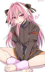 Rule 34 | 1boy, alternate costume, astolfo (fate), bad id, bad pixiv id, barefoot, black bow, blush, bow, crossed legs, fate/apocrypha, fate (series), feet, hair between eyes, hair down, heart, highres, long hair, looking at viewer, male focus, open mouth, pink hair, shisei (kyuushoku banchou), simple background, sitting, smile, solo, trap, white background