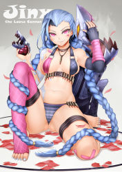 Rule 34 | 1girl, alternate breast size, ammunition, ammunition belt, blue hair, blush, braid, breasts, elbow gloves, explosive, feet, fingerless gloves, gloves, grenade, highres, jewelry, jinx (league of legends), league of legends, long hair, looking at viewer, nail polish, naughty face, no shoes, oni-noboru, panties, petals, pink eyes, revision, silver nails, single thighhigh, sitting, solo, striped clothes, striped panties, thigh strap, thighhighs, toeless legwear, toenail polish, toenails, toes, twin braids, underwear, very long hair, weapon