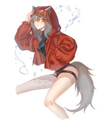 Rule 34 | 1girl, absurdres, animal ears, arknights, black one-piece swimsuit, breasts, cropped legs, ears through headwear, hand in pocket, highres, hood, hood up, hooded jacket, jacket, long sleeves, looking at viewer, molingduo703, official alternate costume, one-piece swimsuit, open clothes, open jacket, orange eyes, projekt red (arknights), projekt red (light breeze) (arknights), red jacket, simple background, small breasts, solo, swimsuit, tail, water, white background, wolf ears, wolf girl, wolf tail