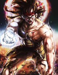 Rule 34 | 1boy, armor, bardock, blood, cuts, damaged, dragon ball, dragonball z, energy, headband, highres, injury, makumaku, male focus, manly, open mouth, solo, tail, torn clothes, wink