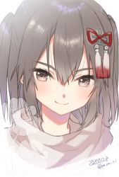 Rule 34 | 1girl, blush, brown eyes, brown hair, dated, hair between eyes, kantai collection, koruri, portrait, scarf, sendai (kancolle), sendai kai ni (kancolle), short hair, simple background, smile, solo, twitter username, two side up, white background, white scarf