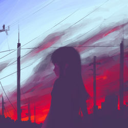 Rule 34 | 1girl, from behind, long hair, looking back, original, profile, sky, solo, sunset, wistar!a