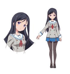 Rule 34 | 1girl, action heroine cheer fruits, black footwear, black hair, black pantyhose, blue eyes, blue skirt, blush, character sheet, commentary request, expressionless, grey shirt, highres, hinano high school uniform, ide naomi, loafers, long hair, looking at viewer, multiple views, neck ribbon, official art, pantyhose, parted bangs, red ribbon, ribbon, sailor collar, school uniform, shirogane misaki, shirt, shoes, simple background, skirt, white background, white sailor collar