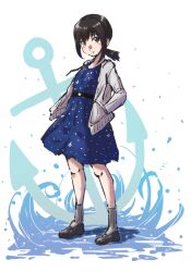 Rule 34 | 1girl, anchor symbol, black eyes, black footwear, black hair, blue dress, breasts, dress, fubuki (kancolle), full body, grey socks, hands in pockets, highres, jacket, kantai collection, ld (luna dial398), looking at viewer, low ponytail, medium breasts, official alternate costume, one-hour drawing challenge, polka dot, polka dot dress, ponytail, short ponytail, sidelocks, socks, solo, water, waves, white jacket