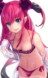 Rule 34 | 10s, 1girl, absurdres, asymmetrical horns, bare shoulders, bikini, bikini under clothes, blue eyes, blush, breasts, collarbone, detached sleeves, dragon tail, elizabeth bathory (fate), elizabeth bathory (fate/extra ccc), fang, fate/extella, fate/extra, fate/extra ccc, fate/grand order, fate (series), gendo0032, highres, horns, lips, long hair, looking at viewer, navel, official alternate costume, open clothes, open mouth, open shirt, panties, pink bikini, pink hair, pink panties, pointy ears, revealing clothes, see-through, shirt, side-tie bikini bottom, small breasts, solo, swimsuit, swimsuit under clothes, tail, thighs, two side up, underwear, uneven horns, wading, water, wet, wet clothes