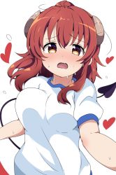 Rule 34 | 1girl, ahoge, blush, bouncing breasts, breasts, brown eyes, brown hair, demon girl, demon horns, demon tail, gym shirt, gym uniform, heart, highres, horns, large breasts, long hair, looking at viewer, machikado mazoku, open mouth, riyo (aokiwazumi), running, shirt, short sleeves, simple background, solo, sweat, tail, unaligned breasts, upper body, white background, white shirt, yoshida yuuko (machikado mazoku)