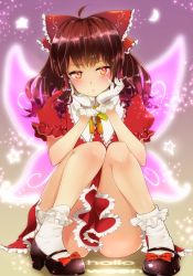 Rule 34 | 1girl, ahoge, alternate costume, bare arms, bare legs, black footwear, blush, bobby socks, bow, brown hair, closed mouth, crescent, dress, fairy wings, footwear bow, frilled dress, frills, full body, gloves, gradient background, hair bow, hair tubes, hakurei reimu, halloween, head rest, highres, knees together feet apart, long hair, mary janes, orange eyes, puffy short sleeves, puffy sleeves, red bow, red dress, shoes, short sleeves, sitting, socks, solo, star (symbol), teitowawa, touhou, white gloves, white socks, wings