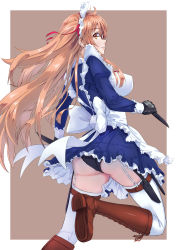 Rule 34 | 1girl, apron, ass, boots, breasts, brown eyes, brown footwear, brown hair, cross-laced footwear, dress, garter straps, glasses, gloves, highres, knee boots, kunai, lace-up boots, large breasts, long hair, maid, maid apron, maid headdress, original, panties, simple background, solo, thighhighs, toriatto gununu, underwear, very long hair, weapon