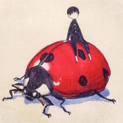 Rule 34 | 1boy, arm support, barefoot, black hair, black jacket, black pants, bug, buttons, insect, jacket, ladybug, long sleeves, male focus, mini person, miniboy, original, pants, riding, short hair, simple background, sitting, solo, tokunaga aoi, traditional media, white background