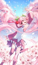 Rule 34 | ;d, absurdres, arm up, armpits, blue sky, blurry, blurry foreground, boots, cherry blossoms, cherry hair ornament, detached sleeves, falling petals, feet out of frame, floating hair, food-themed hair ornament, gomimusi go go, hair ornament, hatsune miku, headphones, highres, leaf hair ornament, long hair, long sleeves, looking ahead, miniskirt, necktie, one eye closed, open mouth, petals, pink hair, pink necktie, pleated skirt, red eyes, sakura miku, shirt, skirt, sky, sleeveless, sleeveless shirt, smile, spring (season), teeth, thigh boots, three quarter view, twintails, upper teeth only, very long hair, vocaloid