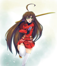 Rule 34 | 1boy, ahoge, blush, bokken, brown hair, butter-t, crossdressing, fingerless gloves, gloves, green eyes, hair ornament, hairclip, highres, long hair, looking at viewer, male focus, no panties, open mouth, original, pleated skirt, signature, skirt, solo, sword, tears, thighhighs, trap, very long hair, weapon, white thighhighs, wooden sword, zettai ryouiki