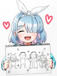 Rule 34 | 2girls, 2others, plana (blue archive), ambiguous gender, doodle sensei (blue archive), arona (blue archive), blue archive, blue hair, blush, child&#039;s drawing, happy, heart, highres, holding, holding hands, holding notepad, hudeako, multicolored hair, multiple girls, multiple others, notepad, phrenapates (blue archive), pink hair, sensei (blue archive), smile, white background