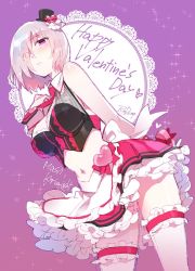 Rule 34 | 1girl, alternate costume, apron, arm behind back, backless outfit, bare shoulders, black footwear, blush, character name, cleavage cutout, clothing cutout, dress, fate/grand order, fate (series), frilled dress, frilled skirt, frills, from below, gradient background, hair over one eye, halterneck, hand on own chest, happy valentine, hat, heart, mash kyrielight, midriff, mini hat, mini top hat, navel, necktie, pink background, pink skirt, purple background, purple eyes, purple hair, redrop, ribbon, shoes, short hair, signature, skirt, sleeveless, solo, sparkle, striped, thigh strap, top hat, valentine, vertical stripes, waist apron, white ribbon, wrist cuffs