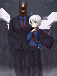 Rule 34 | .live, 1girl, bad id, bad pixiv id, belt, black jacket, black pants, blue shirt, closed mouth, collared shirt, commentary request, feet out of frame, formal, glint, green eyes, hand in pocket, highres, horse mask, jacket, long sleeves, looking at viewer, mask, pant suit, pants, red neckwear, shirt, short hair, signature, silver hair, dennou shoujo siro, standing, suit, tanyatonya, thighhighs, virtual youtuber, wide-eyed, wing collar