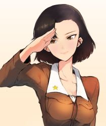Rule 34 | 10s, 1girl, alternate hair length, alternate hairstyle, asymmetrical bangs, brown eyes, brown hair, brown jacket, chi-hatan military uniform, closed mouth, commentary request, girls und panzer, gradient background, jacket, long sleeves, looking at viewer, military, military uniform, mityubi, nishi kinuyo, salute, shirt, short hair, smile, solo, standing, uniform, upper body, white shirt, yellow background