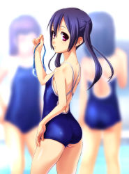 Rule 34 | 3girls, ass, blurry, competition school swimsuit, depth of field, flat chest, goggles, highres, long hair, looking back, multiple girls, norizou type-r, one-piece swimsuit, original, pink eyes, purple hair, school swimsuit, solo focus, swimsuit, twintails