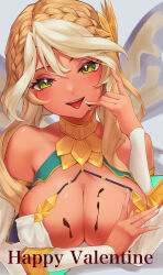 Rule 34 | 1girl, absurdres, andromeda (fate), andromeda (first ascension) (fate), armlet, bare shoulders, blonde hair, blush, braid, breasts, chocolate, cleavage, collar, crown braid, cuffs, dark-skinned female, dark skin, detached sleeves, dress, fate/grand order, fate (series), gold teeth, green eyes, hair ornament, happy valentine, highres, jaws, large breasts, long hair, looking at viewer, low twintails, metal collar, multicolored hair, open mouth, shackles, shebuluo kafusha, sidelocks, smile, solo, tongue, tongue out, twintails, two-tone hair, white dress, white hair