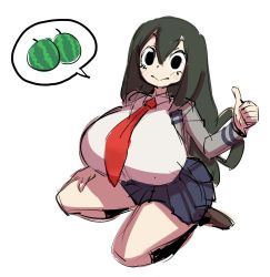 Rule 34 | 1girl, alternate breast size, asui tsuyu, black hair, boku no hero academia, borvar, breasts, eyelashes, female focus, food, frog, fruit, gesture, hand on leg, hand on thigh, highres, huge breasts, looking at viewer, melon, necktie, plant, school uniform, simple background, sitting, skirt, smile, solo, speech bubble, spoken food, thumbs up, uniform, watermelon, white background