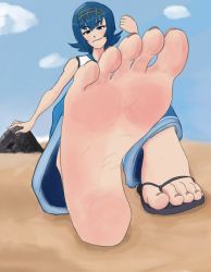 Rule 34 | 10s, 1girl, arm support, barefoot, beach, blue eyes, blue hair, blunt bangs, cloud, creatures (company), day, feet, flip-flops, foot focus, game freak, hairband, lana (pokemon), looking at viewer, matching hair/eyes, nintendo, npc trainer, outdoors, pokemon, pokemon sm, pov, rock, sandals, shoes, short hair, sitting, sky, smile, soles, solo, toes, trial captain, unworn shoes